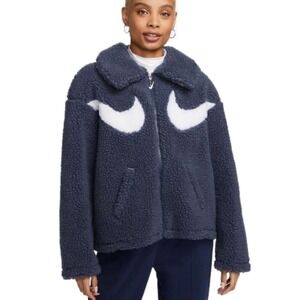 Nike Womens Oversized Sherpa‎ Fleece Jacket Full Zip Blue White Swoosh Logo XXL